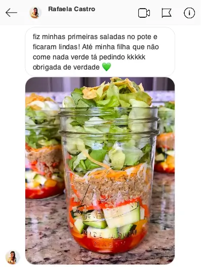 Depoimento de aluna sobre as receitas de saladas no pote