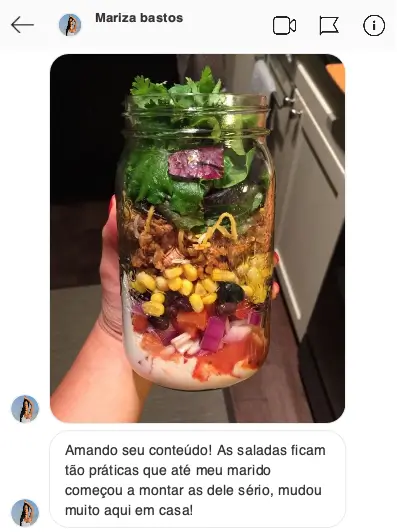 Depoimento de aluna sobre as receitas de saladas no pote